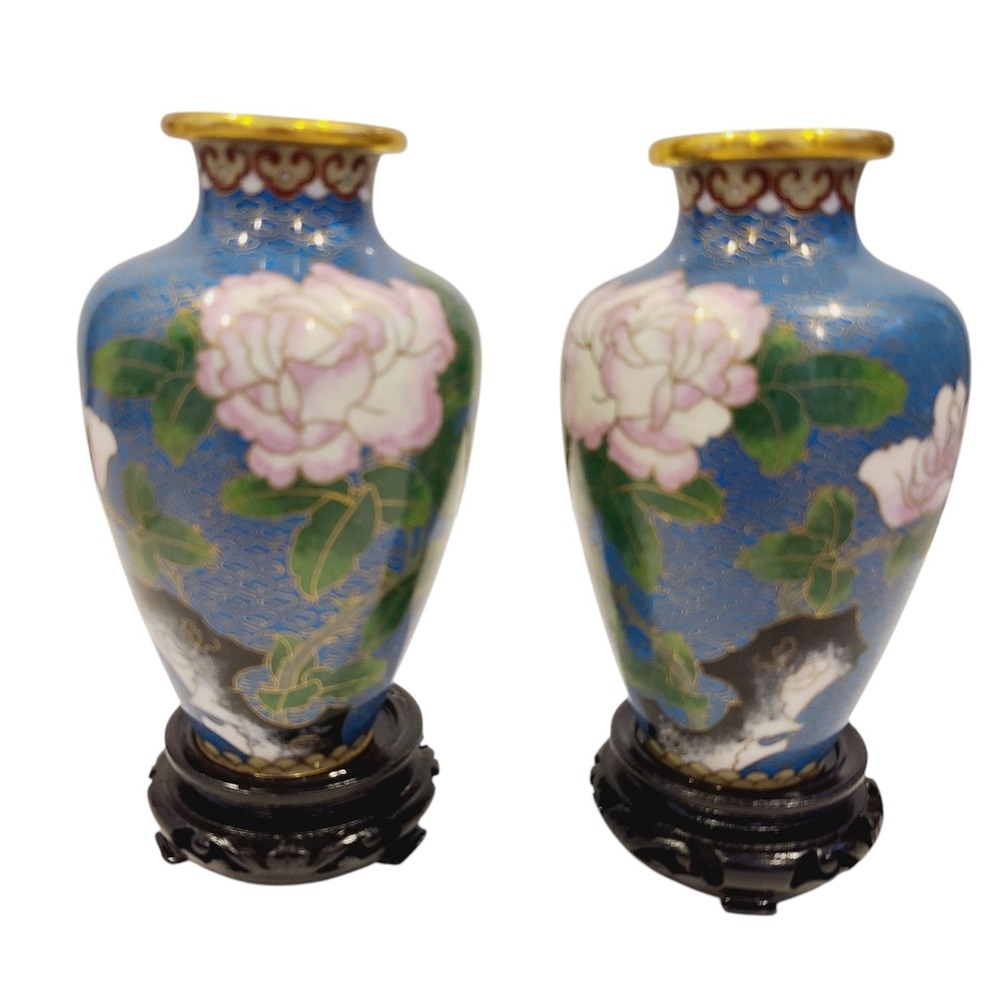 Pair‎ of Chinese Cloisonne 6" Tall Vases Blue Floral Wood Stand Brass Enamel